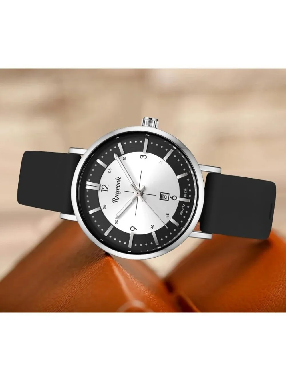 Women Black Silver Analog Quartz Silicone Band Calendar Date Display Wrist Watch